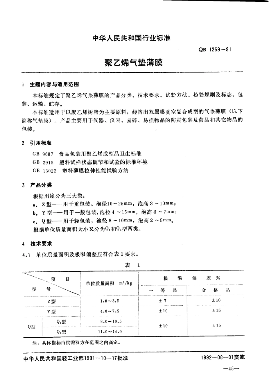 QBT 1259-1991 聚乙烯气垫薄膜.pdf_第1页
