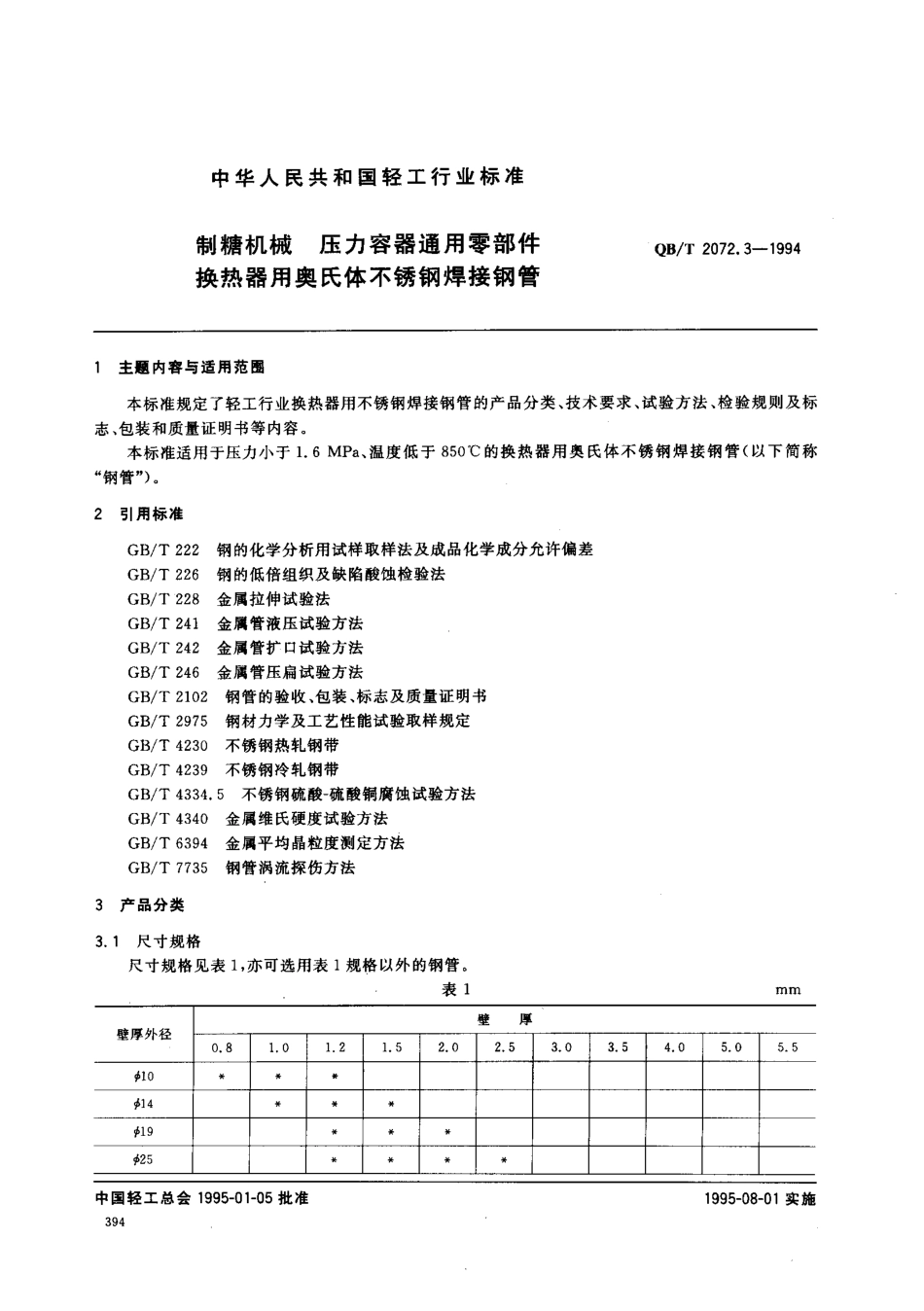 QBT 2072.3-1994 制糖机械 压力容器通用零部件 换热器用奥氏体不锈钢焊接钢管.pdf_第1页