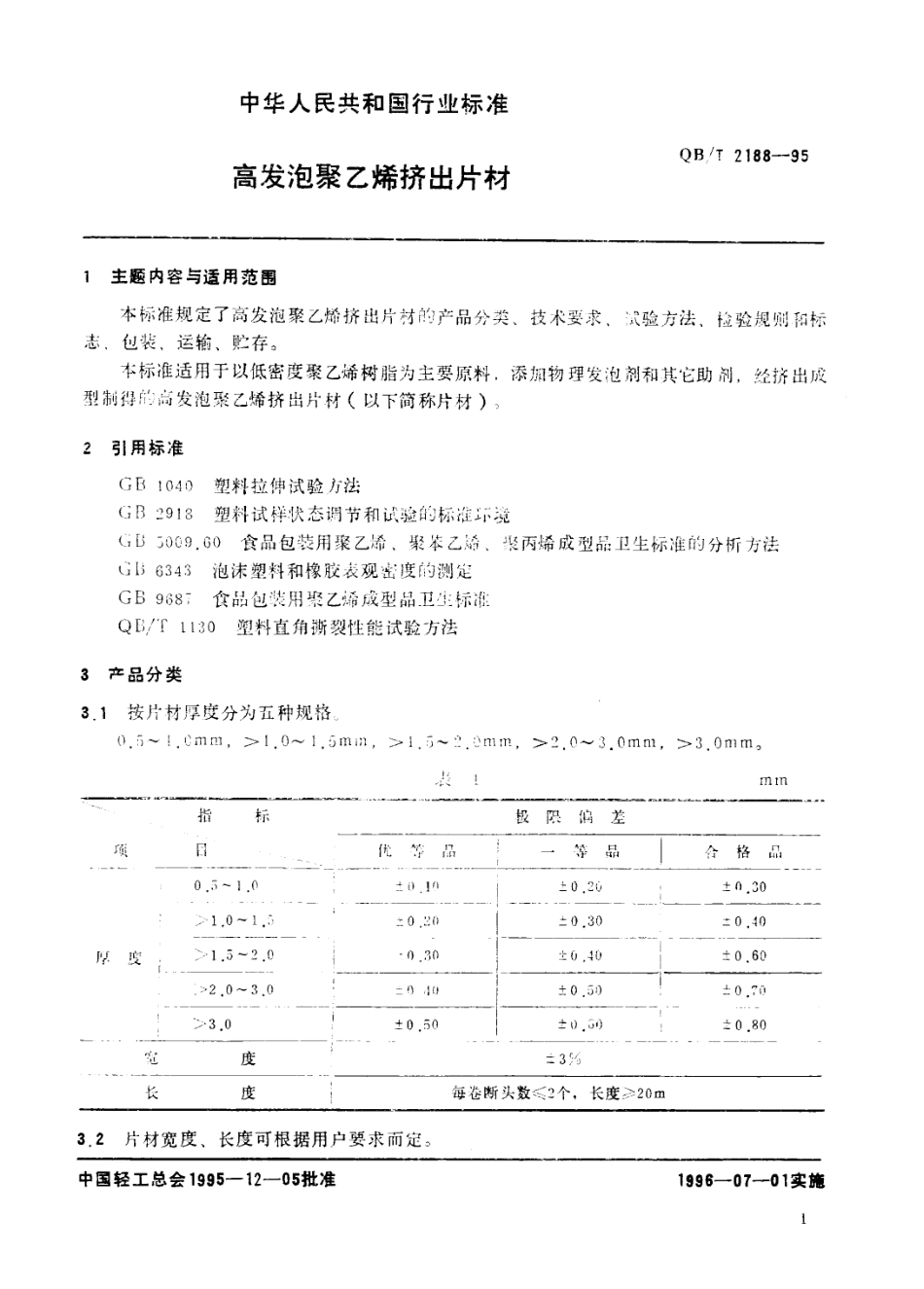 QBT 2188-1995 高发泡聚乙烯挤出片材.pdf_第2页