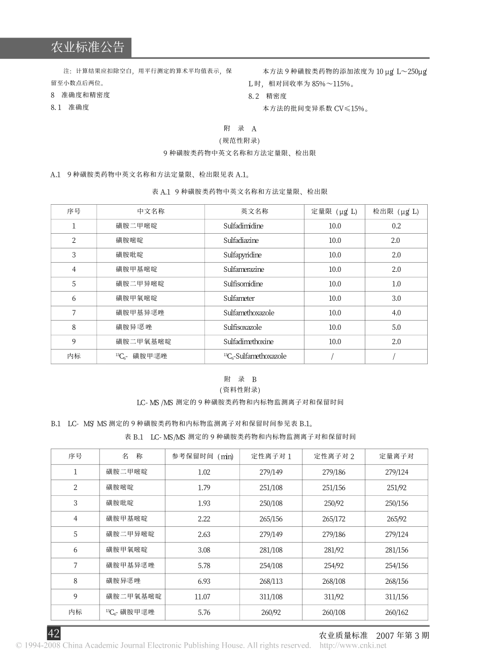 农业部781号公告-12-2006 牛奶中磺胺类药物残留量的测定 液相色谱-串联质谱法.pdf_第3页