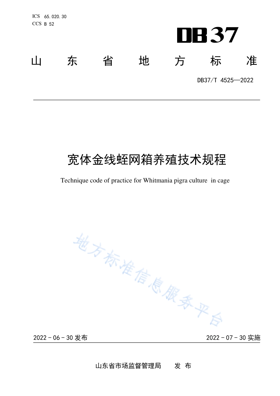 DB37T&#160;4525-2022 宽体金线蛭网箱养殖技术规程.pdf_第1页