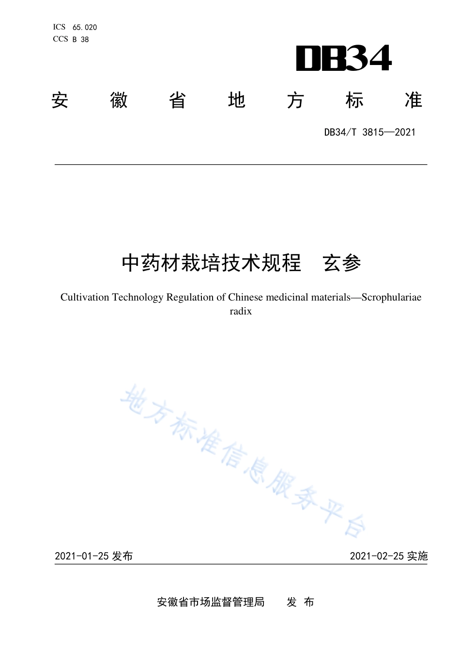 DB34T 3815-2021 中药材栽培技术规程 玄参.pdf_第1页