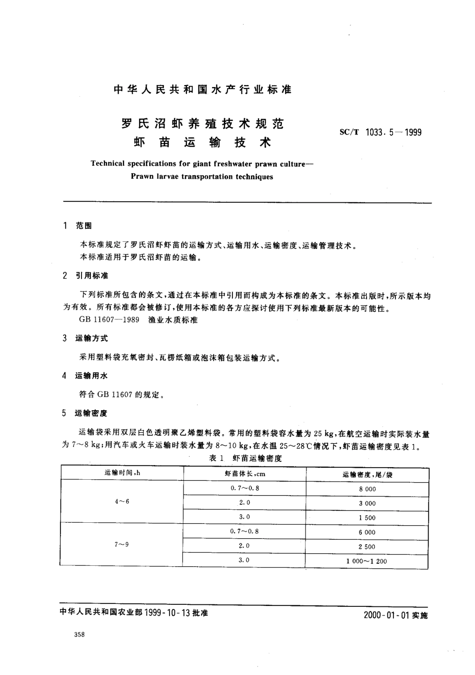 SCT 1033.5-1999 罗氏沼虾养殖技术规范 虾苗运输技术.pdf_第2页