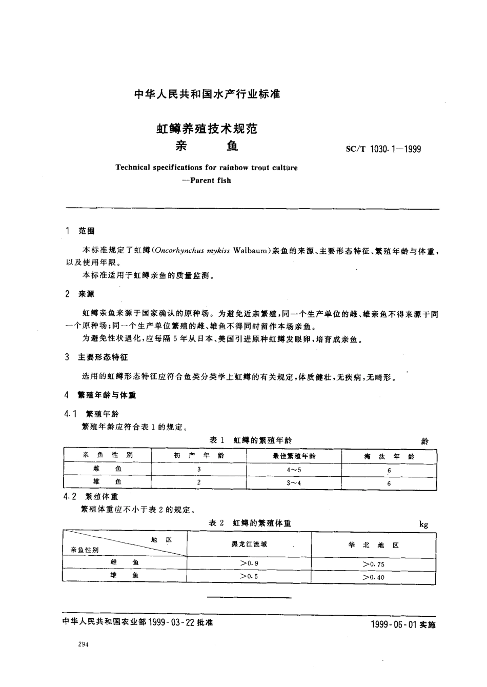 SCT 1030.1-1999 虹鳟养殖技术规范 亲鱼.pdf_第2页