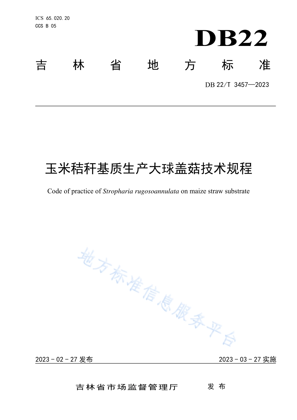 DB22T 3457-2023 玉米秸秆基质生产大球盖菇技术规程.pdf_第1页
