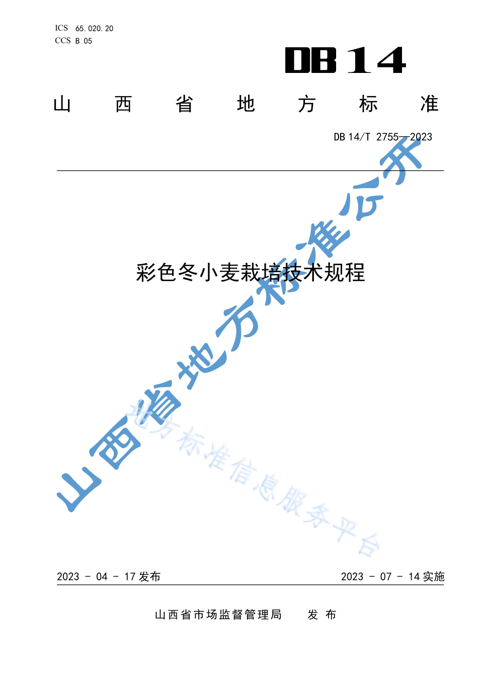 DB14T 2755-2023 彩色冬小麦栽培技术规程.pdf_第1页