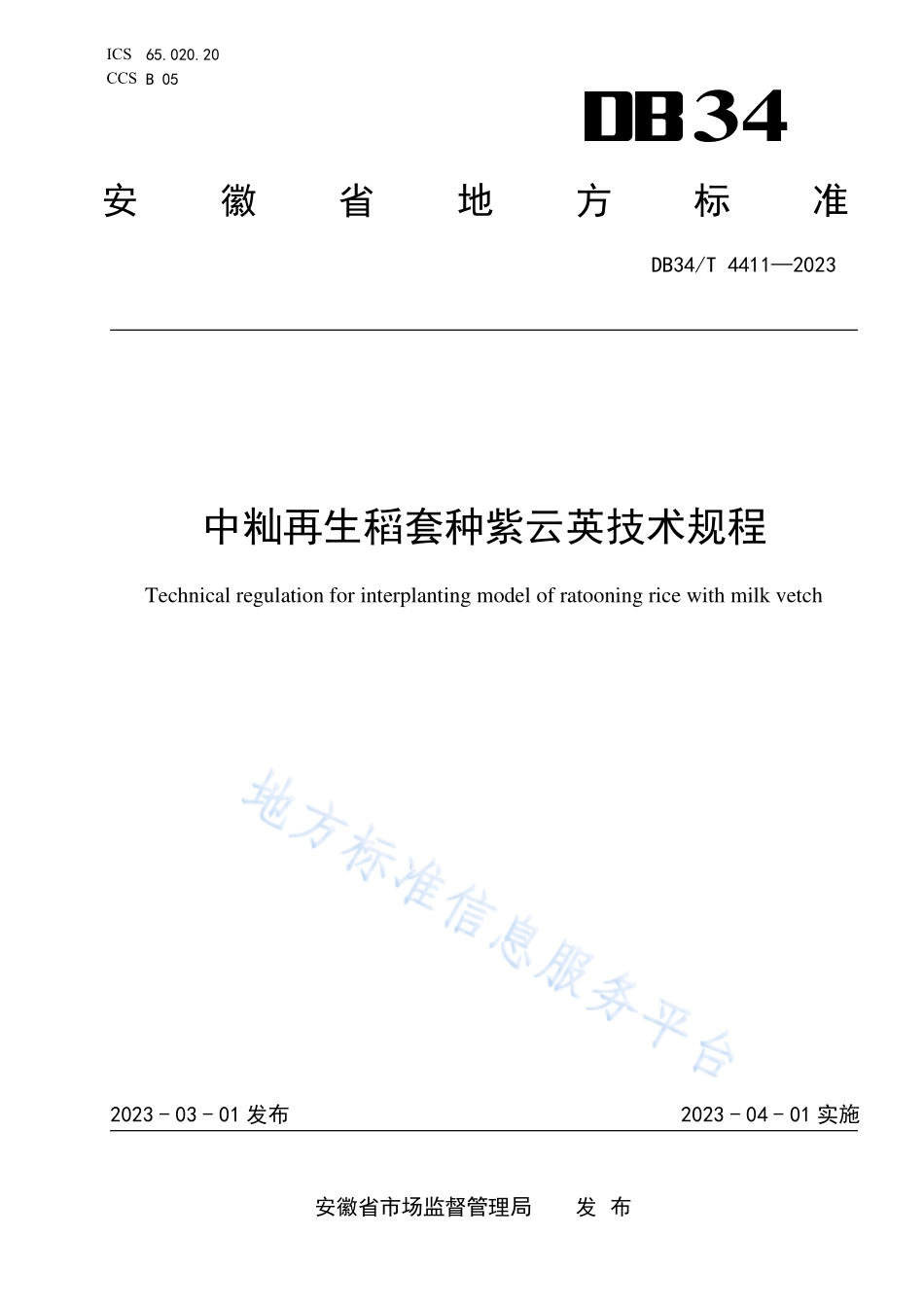 DB34T 4411-2023 中粒再生稻套种紫云英技术规程.pdf_第1页