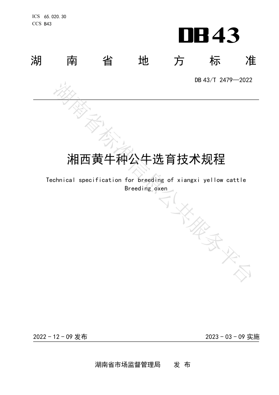 DB43T 2479-2022 湘西黄牛种公牛选育技术规程.pdf_第1页