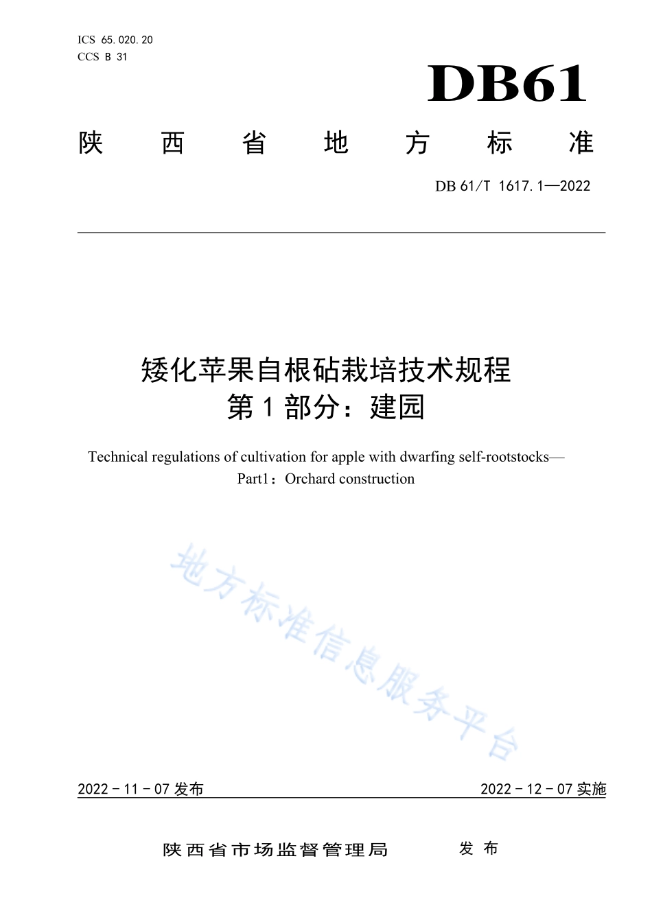 DB61T 1617.1-2022 矮化苹果自根砧栽培技术规程 第1部分：建园.pdf_第1页