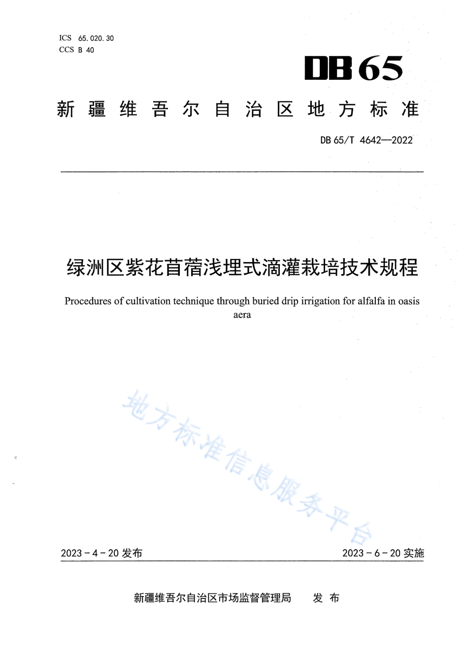 DB65T&#8194;4642-2022 绿洲区紫花苜蓿浅埋式滴灌栽培技术规程.pdf_第1页