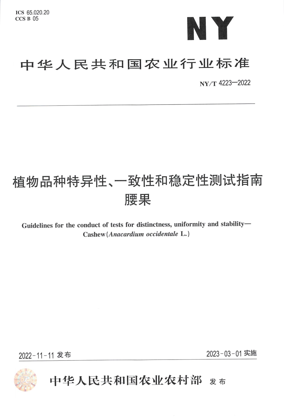 NYT 4223-2022 植物品种特异性、一致性和稳定性测试指南腰果.pdf_第1页