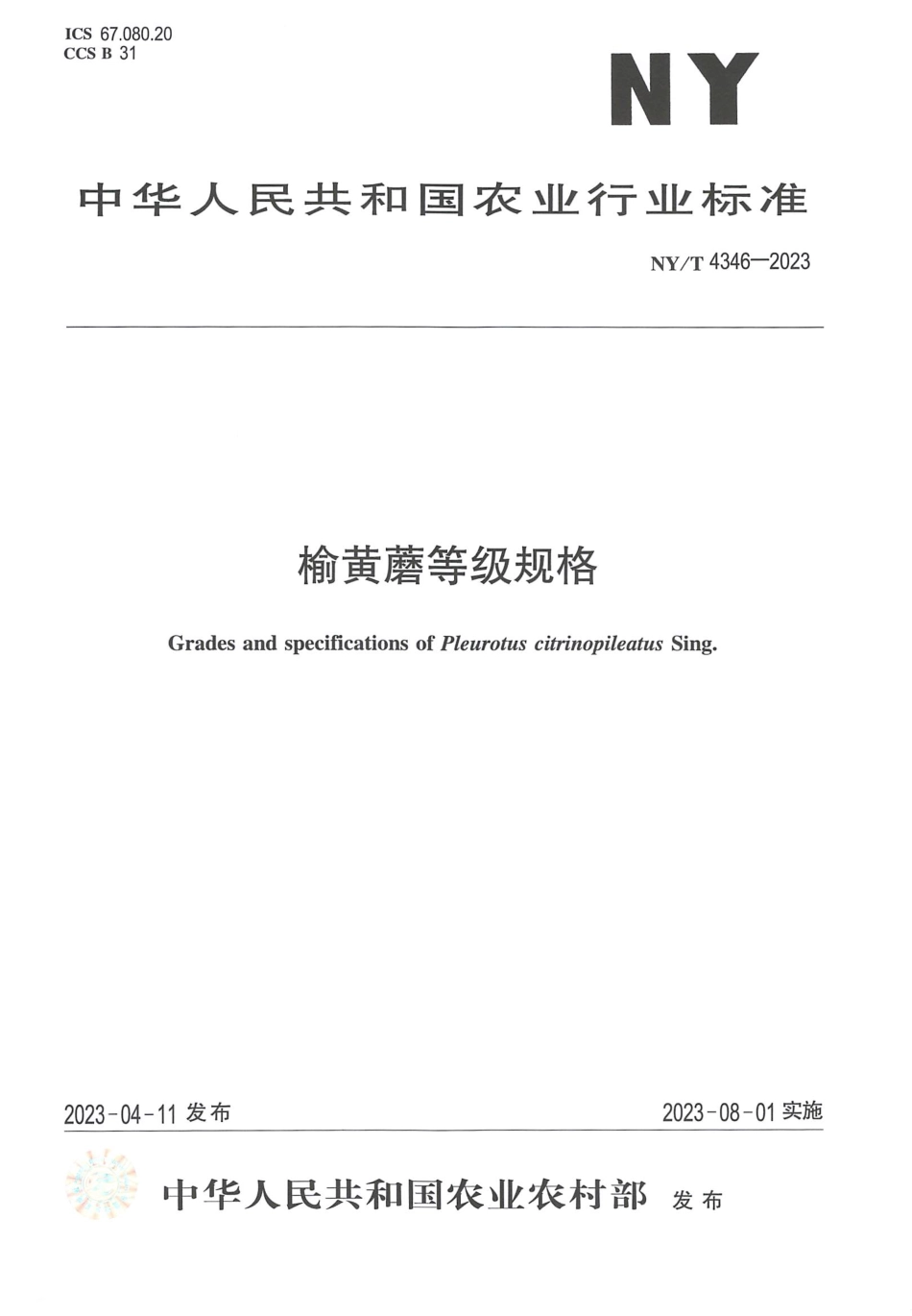 NYT 4346-2023 榆黄蘑等级规格.pdf_第1页