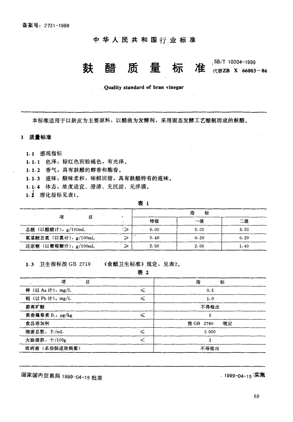 SBT 10304-1999 麸醋质量标准.pdf_第1页
