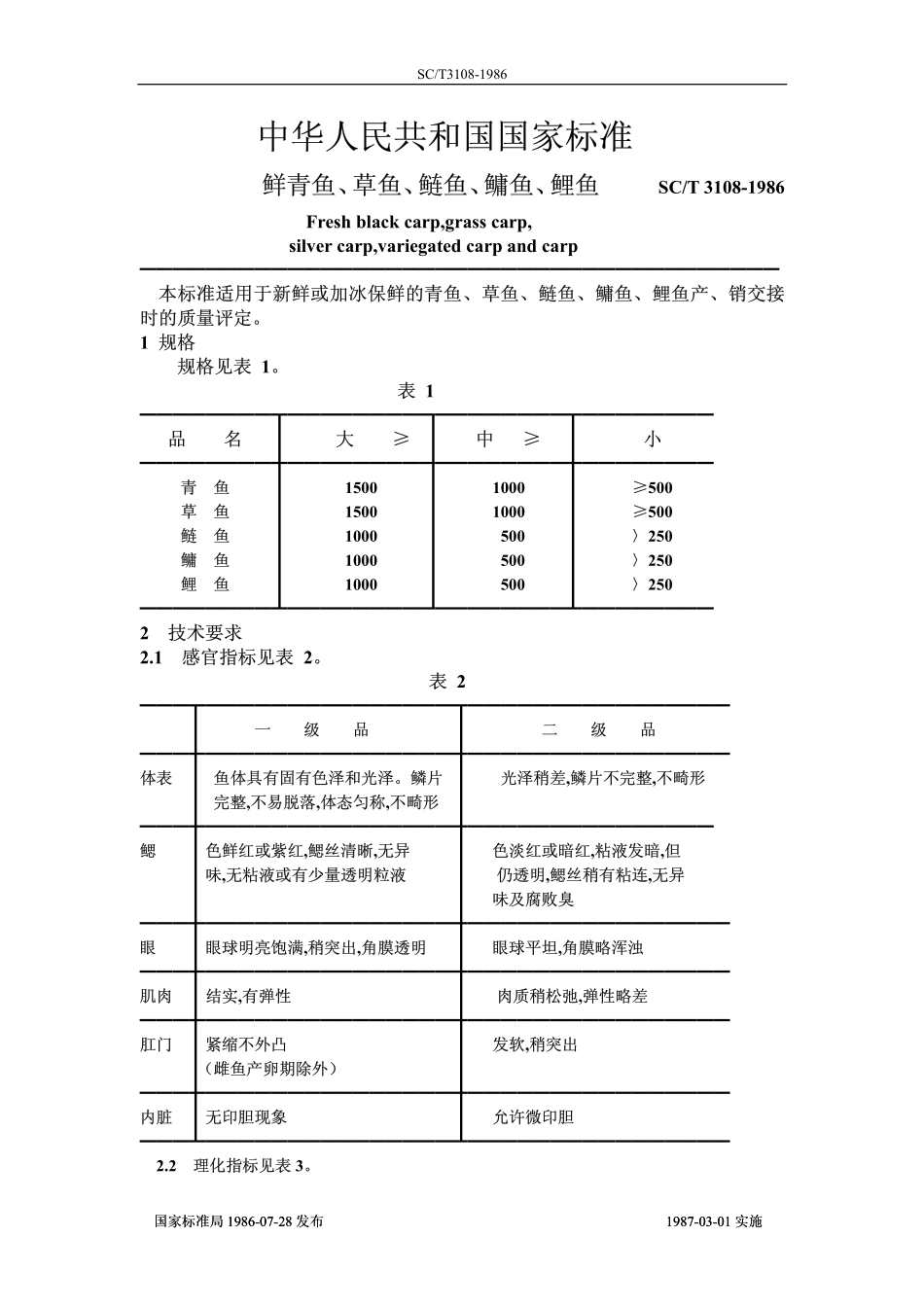 SCT 3108-1986 鲜青鱼、草鱼、鲢鱼、鳙鱼、鲤鱼.pdf_第1页