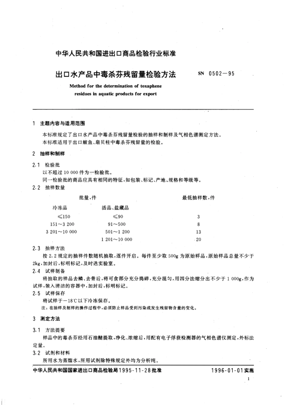 SN 0502-1995 出口水产品中毒杀芬残留量检验方法.pdf_第2页