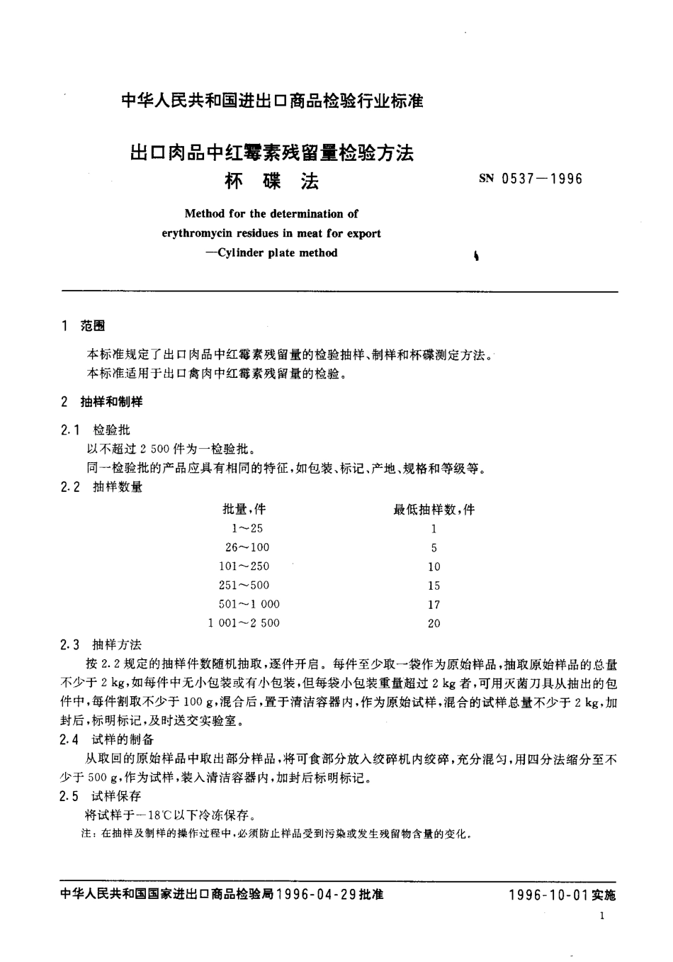 SN 0537-1996 出口肉品中红霉素残留量检验方法杯碟法.pdf_第3页