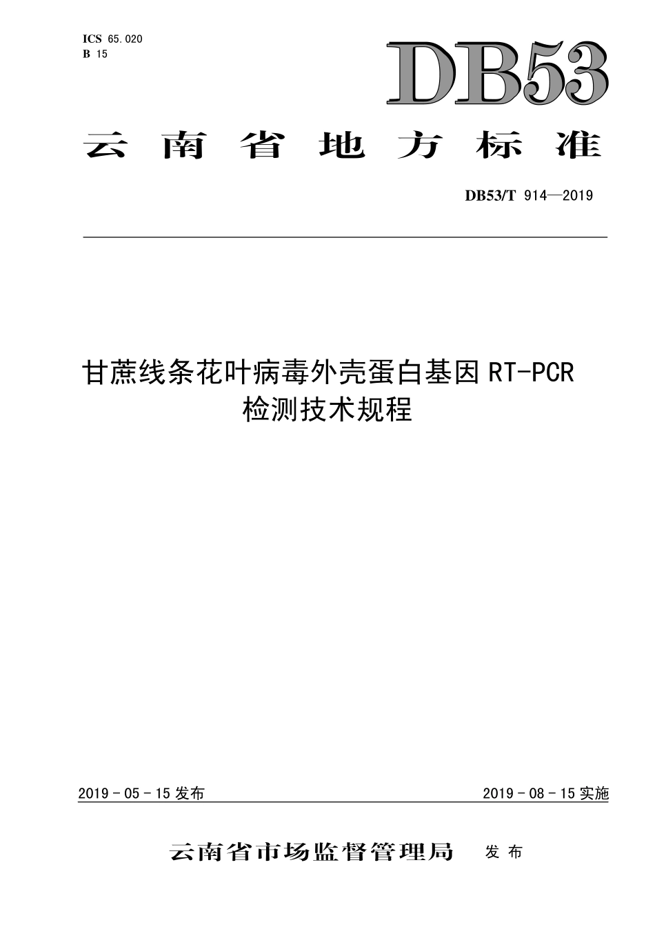 DB53T 914-2019 甘蔗线条花叶病毒外壳蛋白基因RT-PCR检测技术规程.pdf_第1页