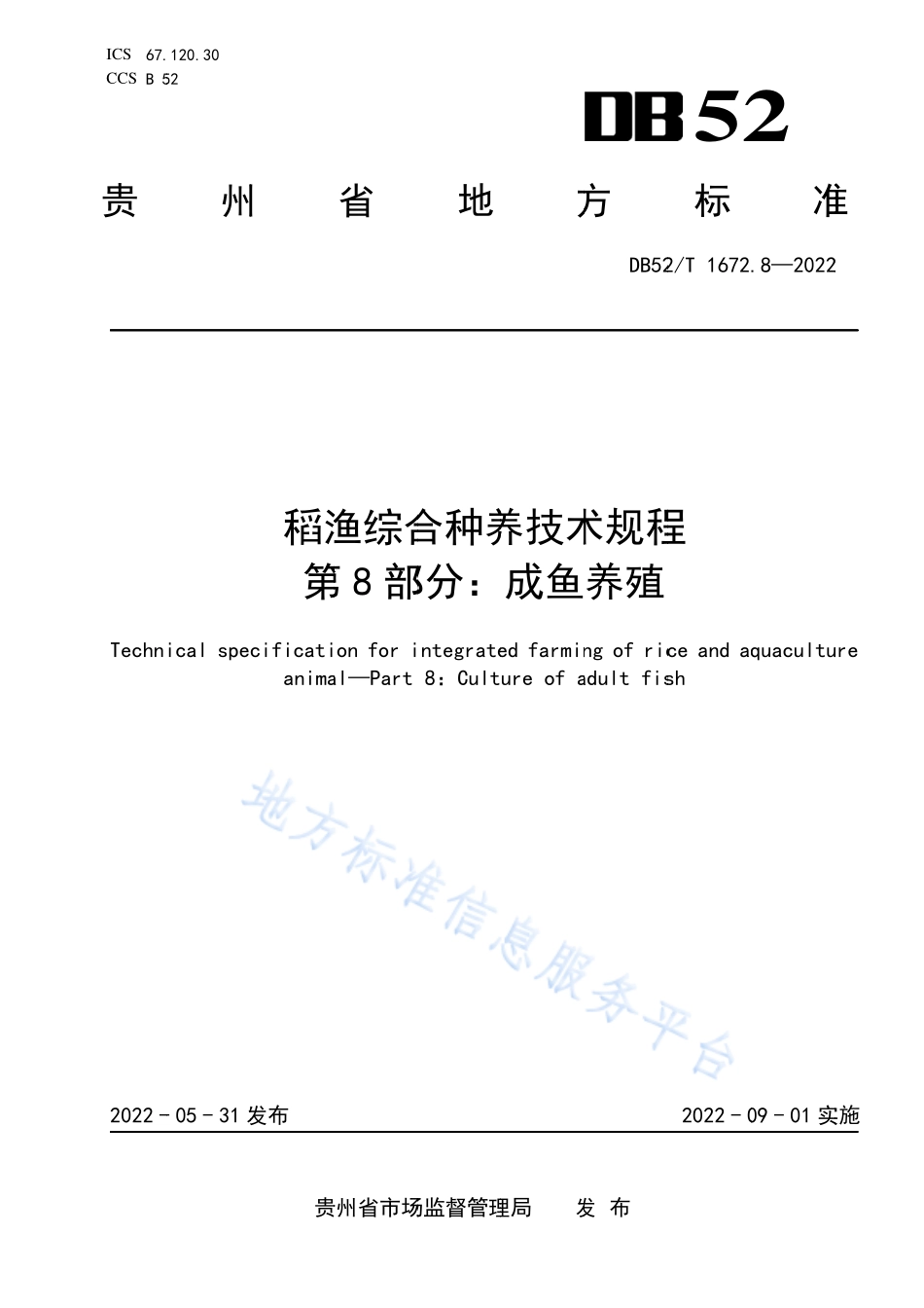 DB52T 1672.8-2022 稻渔综合种养技术规程 第8部分：成鱼养殖.pdf_第1页
