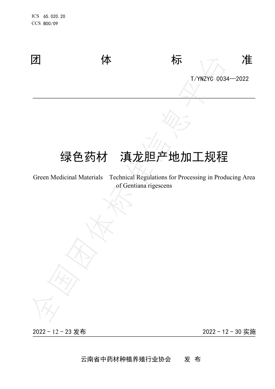 TYNZYC 0034-2022 绿色药材 滇龙胆产地加工规程.pdf_第1页