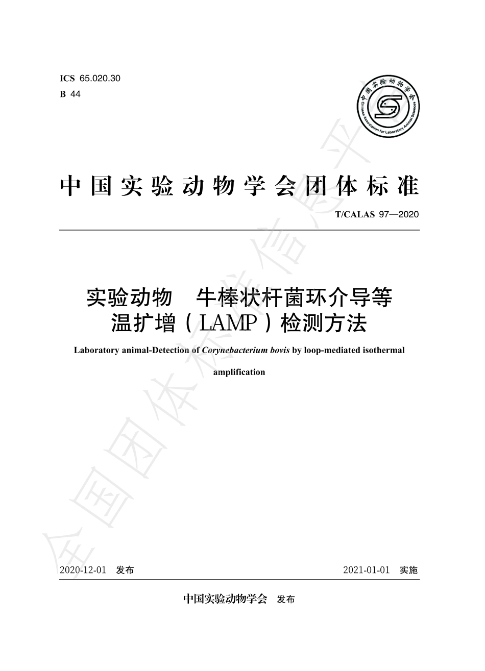 TCALAS 97-2020 实验动物 牛棒状杆菌环介导等 温扩增（LAMP）检测方法.pdf_第1页