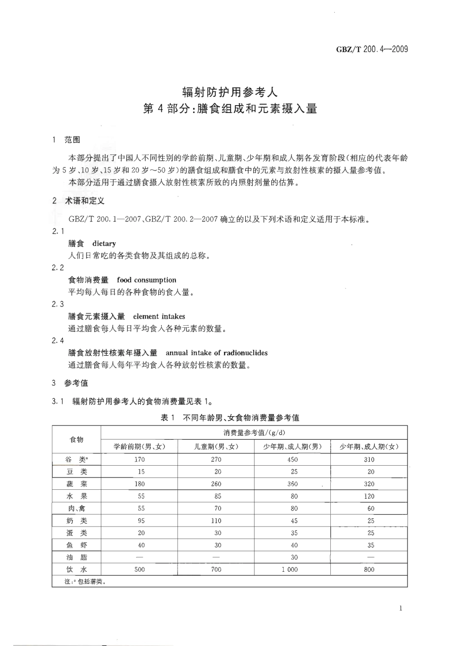 GBZT 200.4-2009 辐射防护用参考人 第4部分：膳食组成和元素摄入量.pdf_第3页