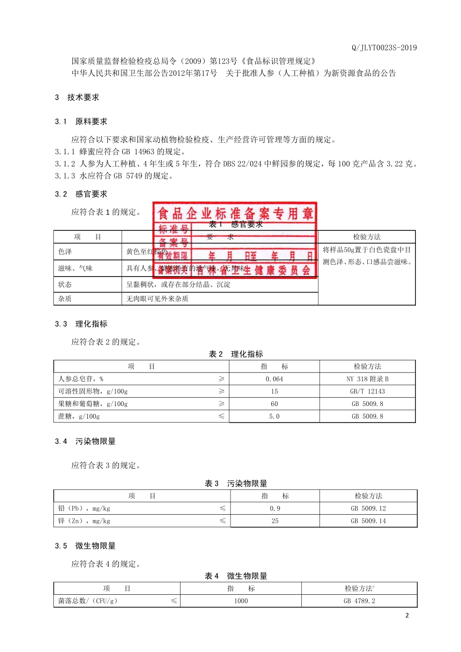 QJLYT 0023 S-2019 人参蜜（蜂产品制品）.pdf_第3页