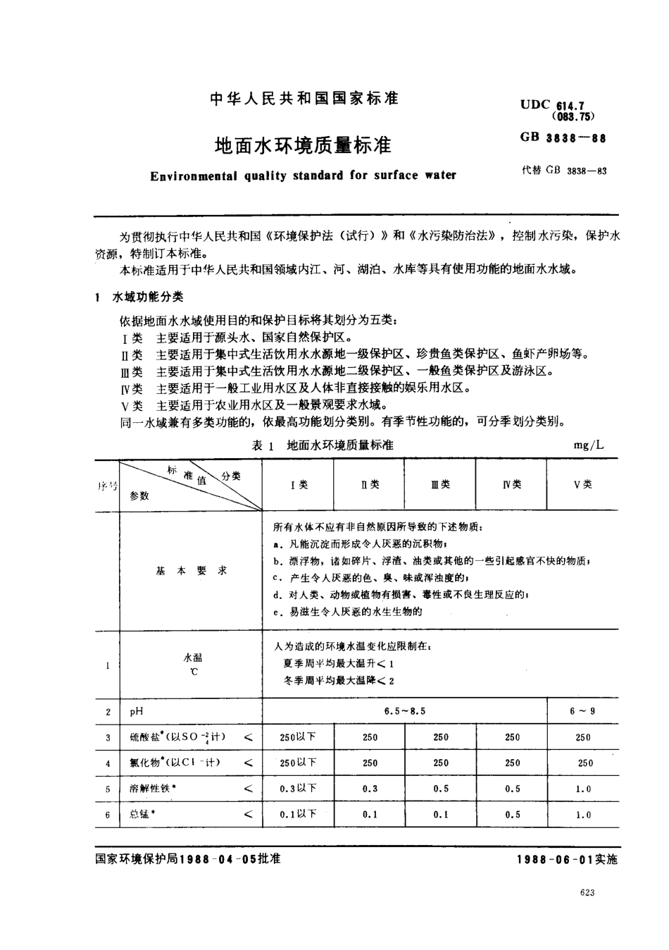 GB 3838-1988 地面水环境质量标准.pdf_第1页