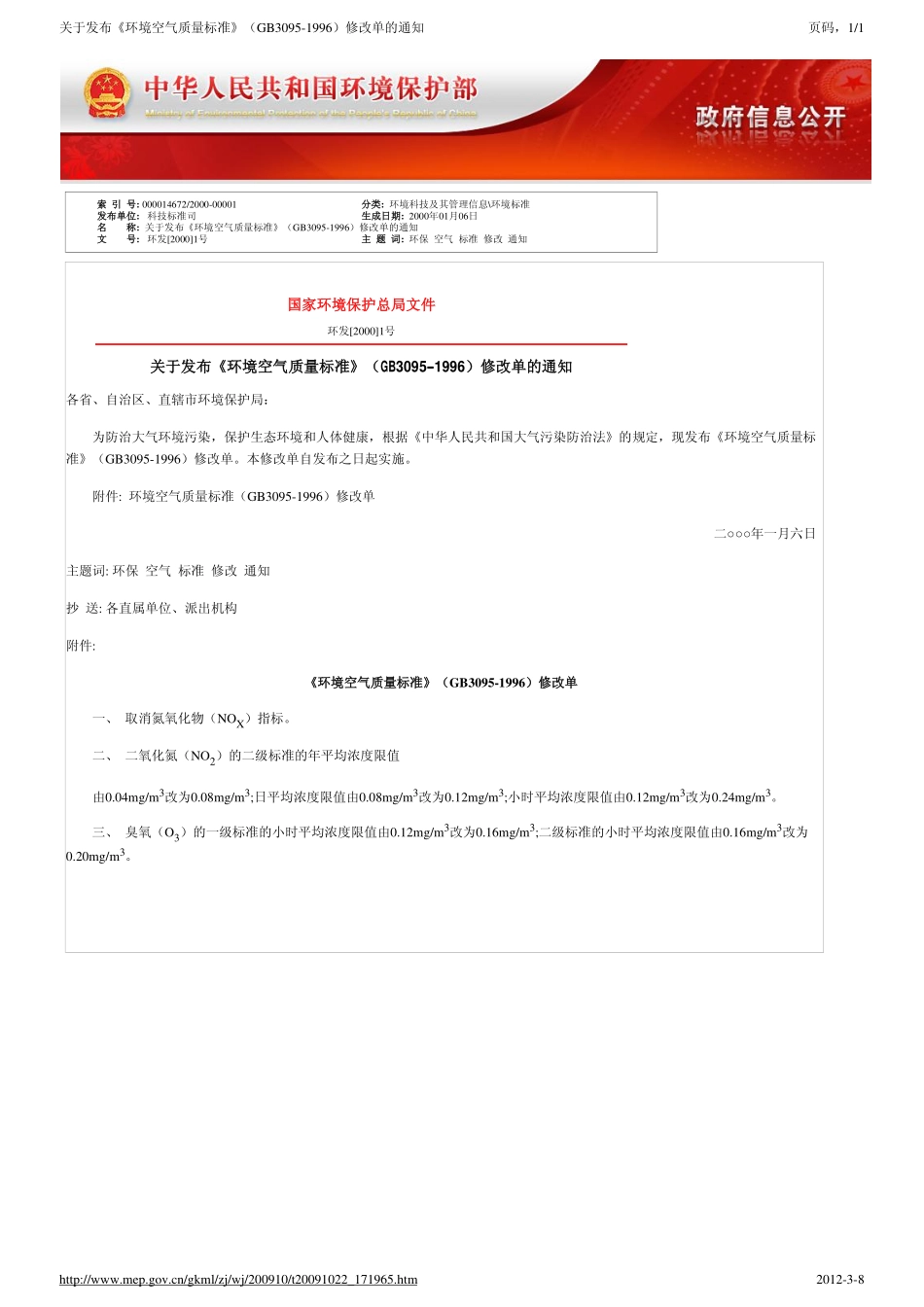 GB 3095-1996 环境空气质量标准 第1号修改单.pdf_第1页