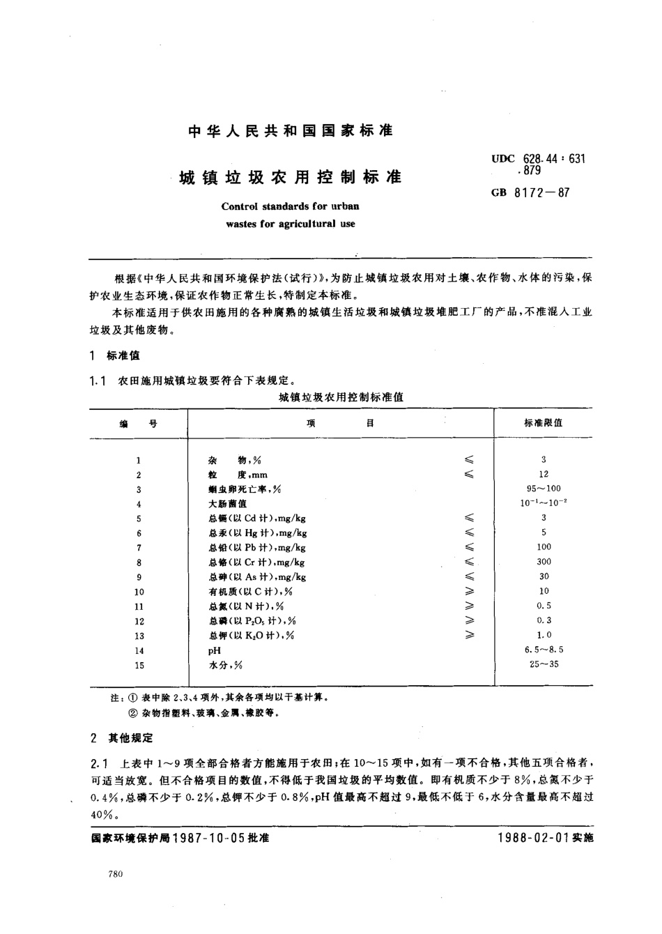 GB 8172-1987 城镇垃圾农用控制标准.pdf_第1页