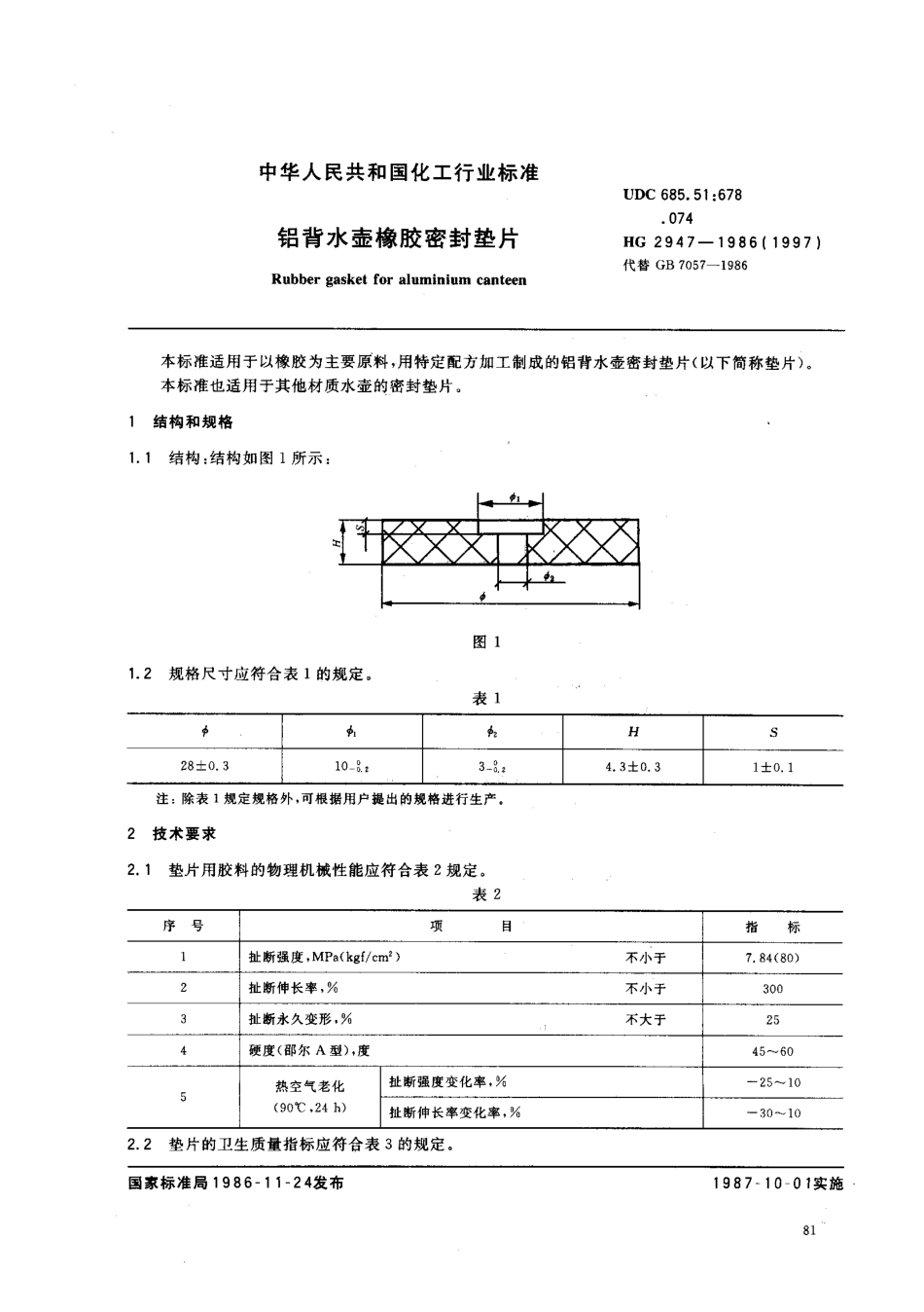 HG 2947-1986 铝背水壶橡胶密封垫片.pdf_第1页