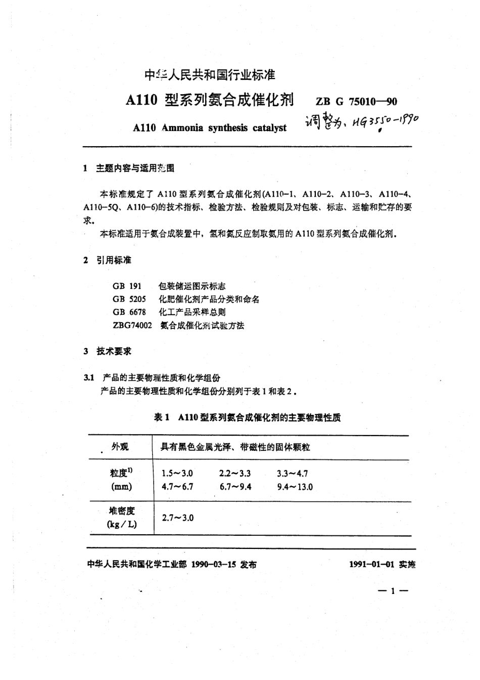 HG 3550-1990 A110系列氨合成催化剂.pdf_第1页