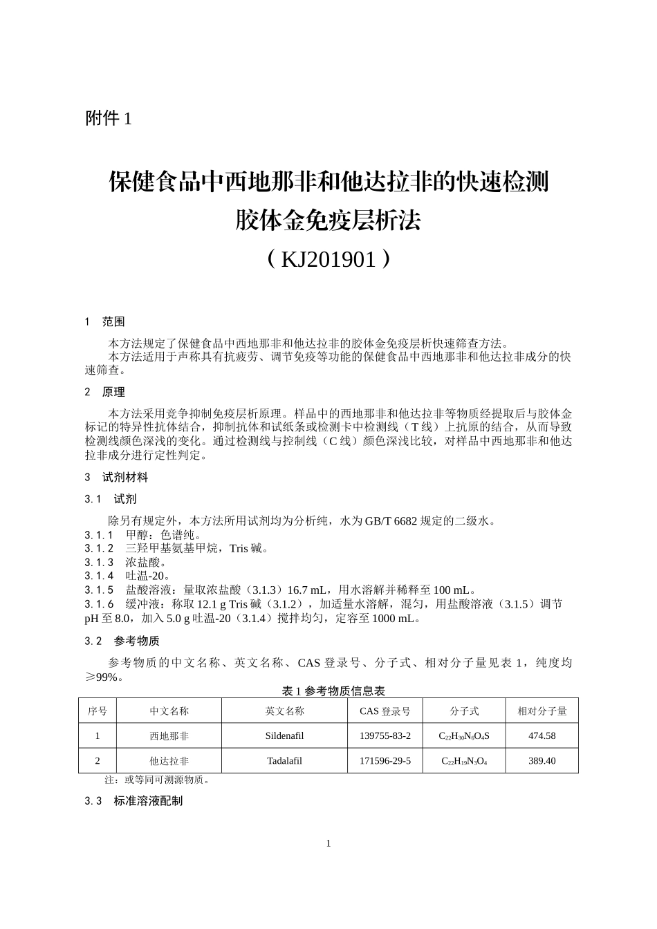 KJ 201901 保健食品中西地那非和他达拉非的快速检测 胶体金免疫层析法.docx_第1页