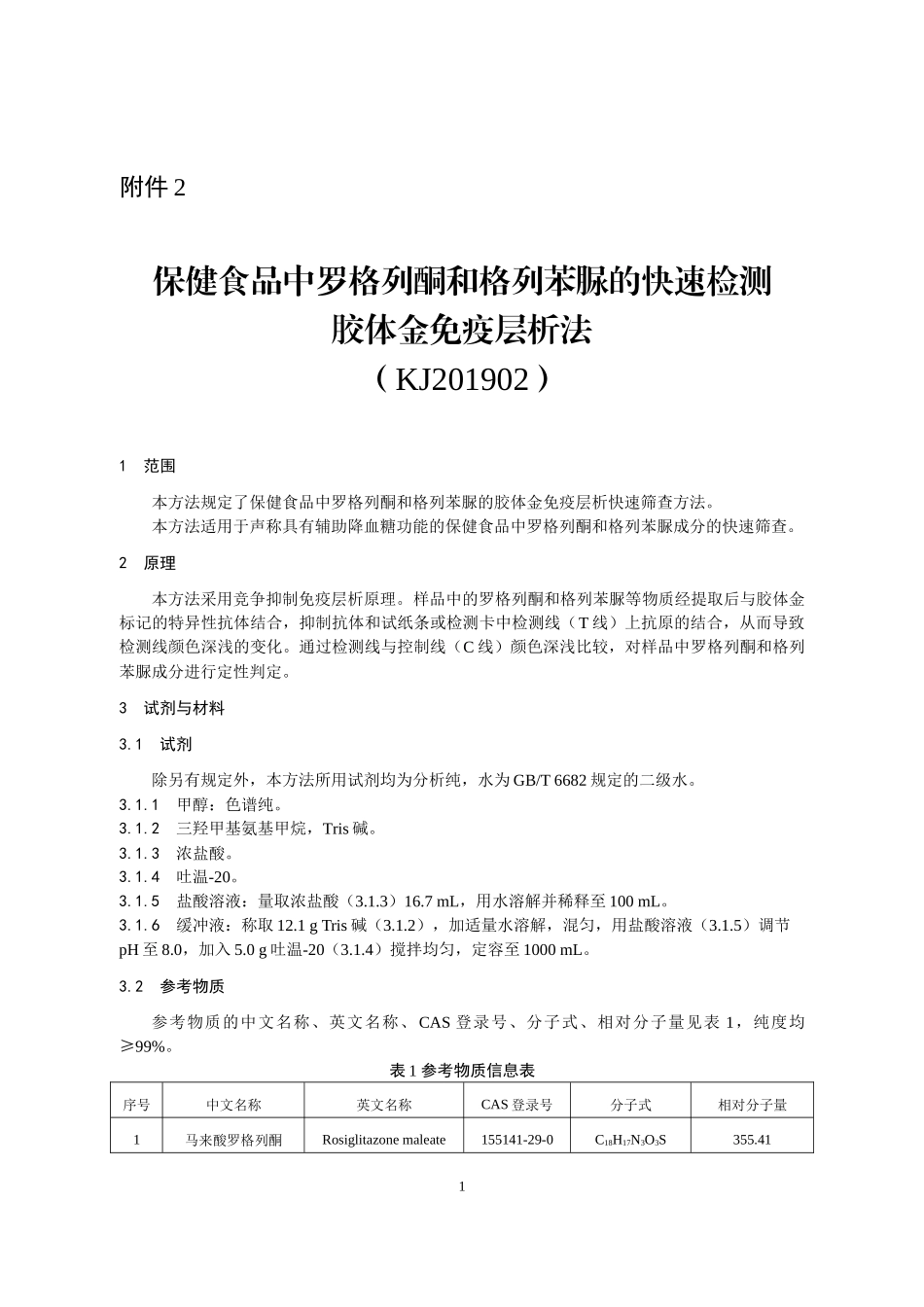 KJ 201902 保健食品中罗格列酮和格列苯脲的快速检测 胶体金免疫层析法.docx_第1页