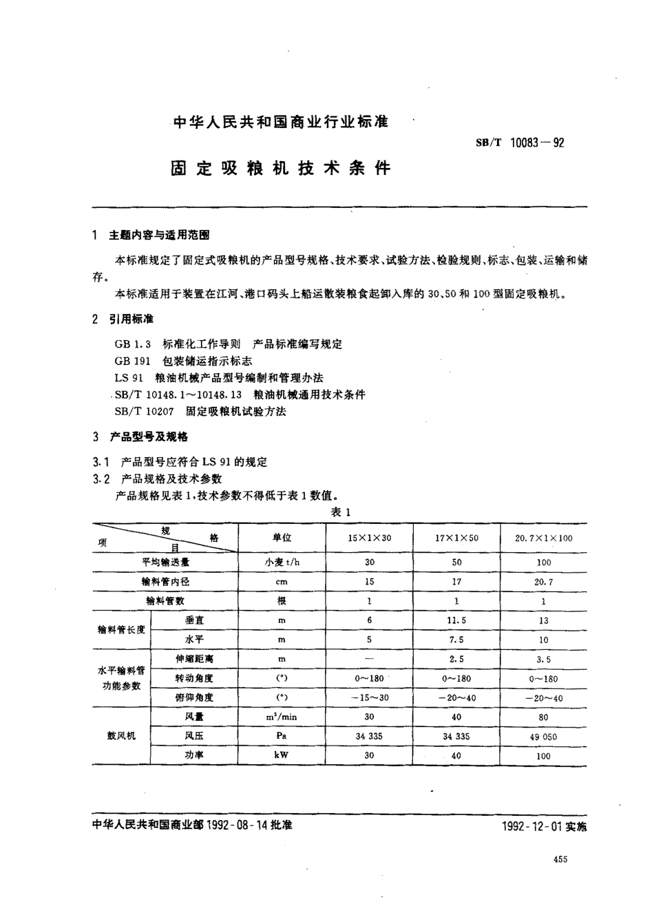 SBT 10083-1992 固定吸粮机技术条件.pdf_第1页