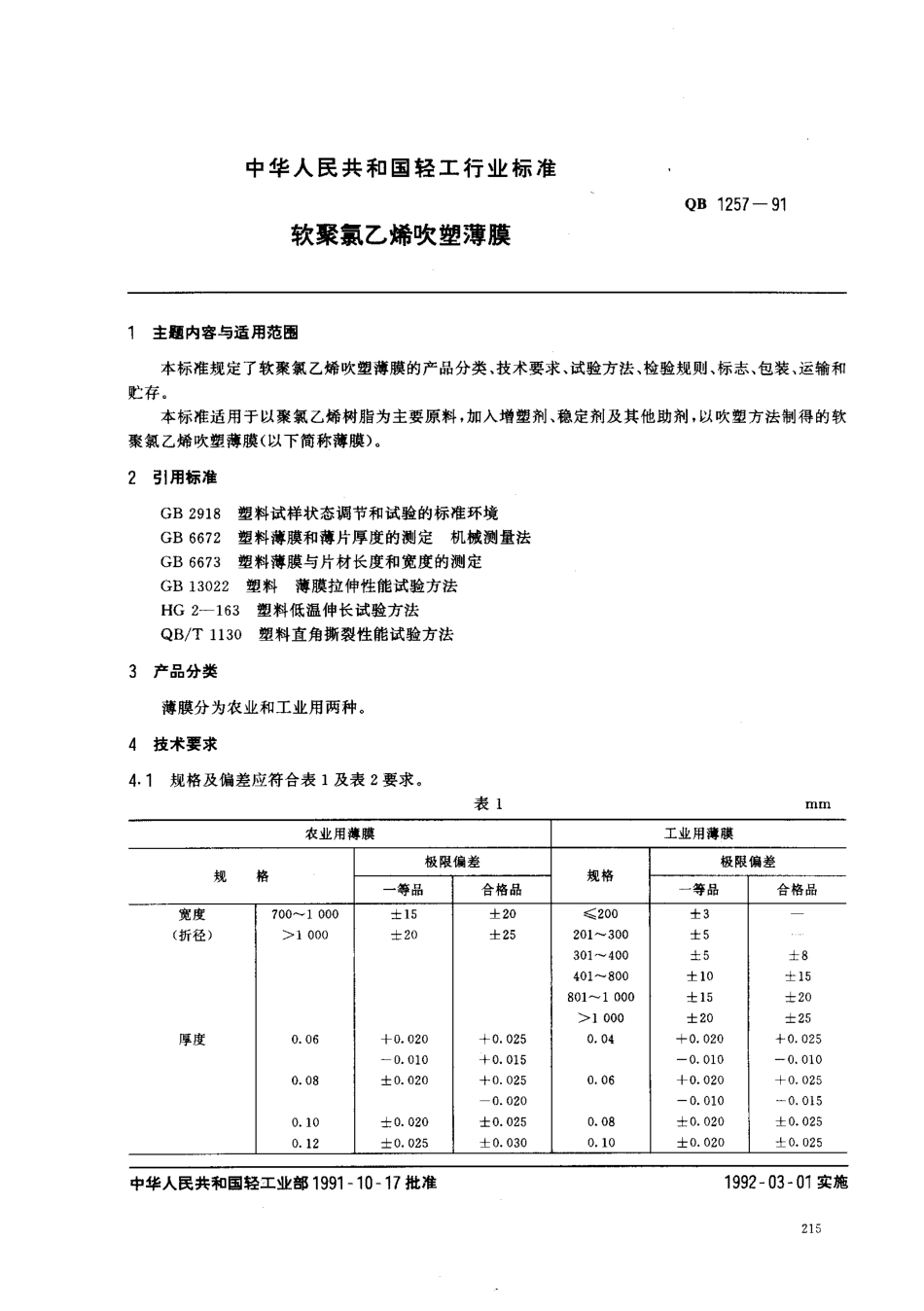 QB 1257-1991 软聚氮乙烯吹塑薄膜.pdf_第1页