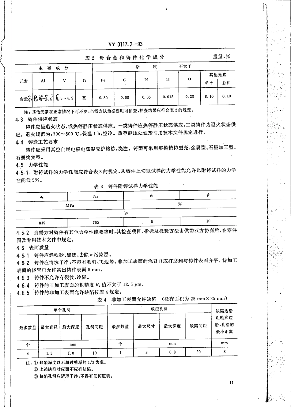 yy0117.2-1993 外科植入物 骨关节假体锻、铸件 ZTiAl5V4 钛合金锻件.pdf_第2页