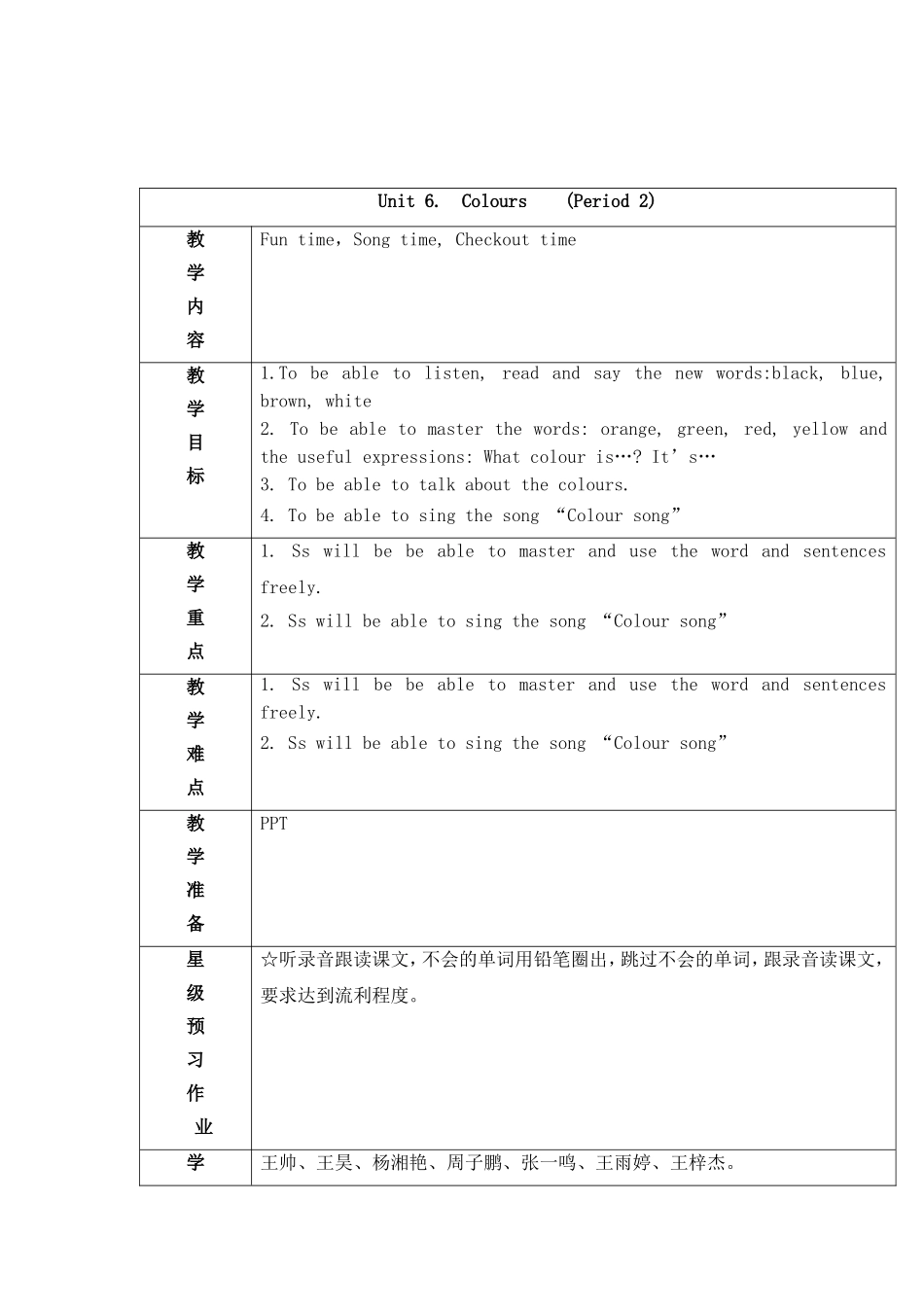 （译林版）小学三年级英语上册 《Unit 6 Colours》 第2课时 教案.doc_第1页