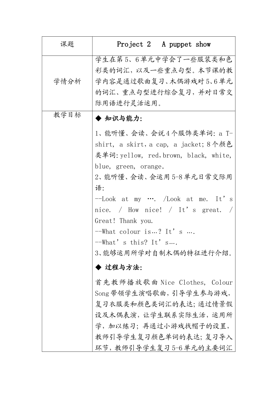 （译林版）小学三年级英语上册 《Project 2 A puppet show》教案1.doc_第1页