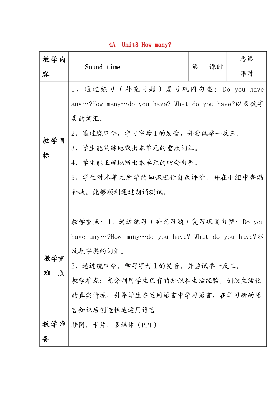 （译林版）四年级英语上册 Unit3 How many（第4课时）教案.doc_第1页