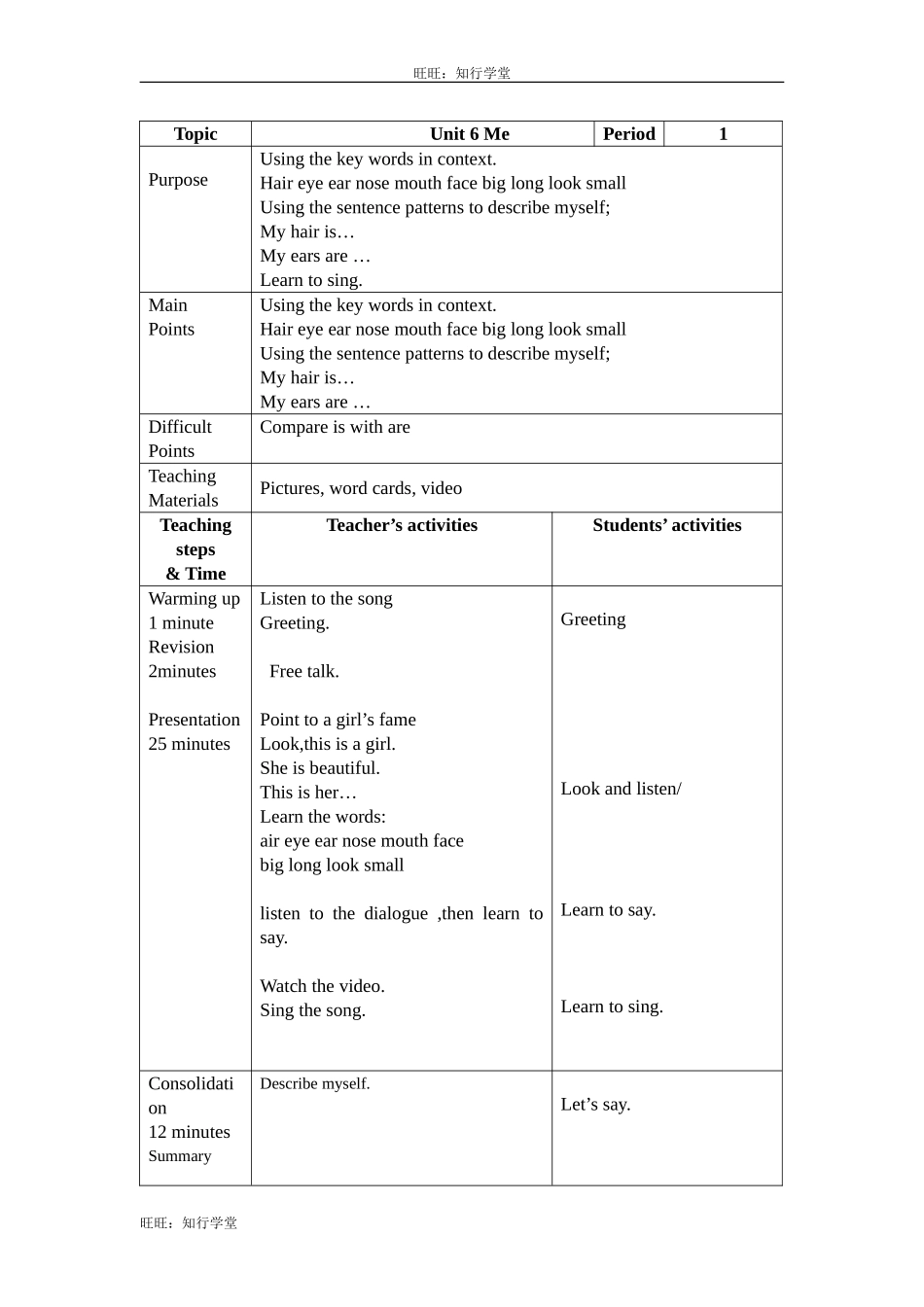 牛津上海版三上Unit 6《Me》（Period 1）word教案[旺旺：知行学堂].doc_第1页