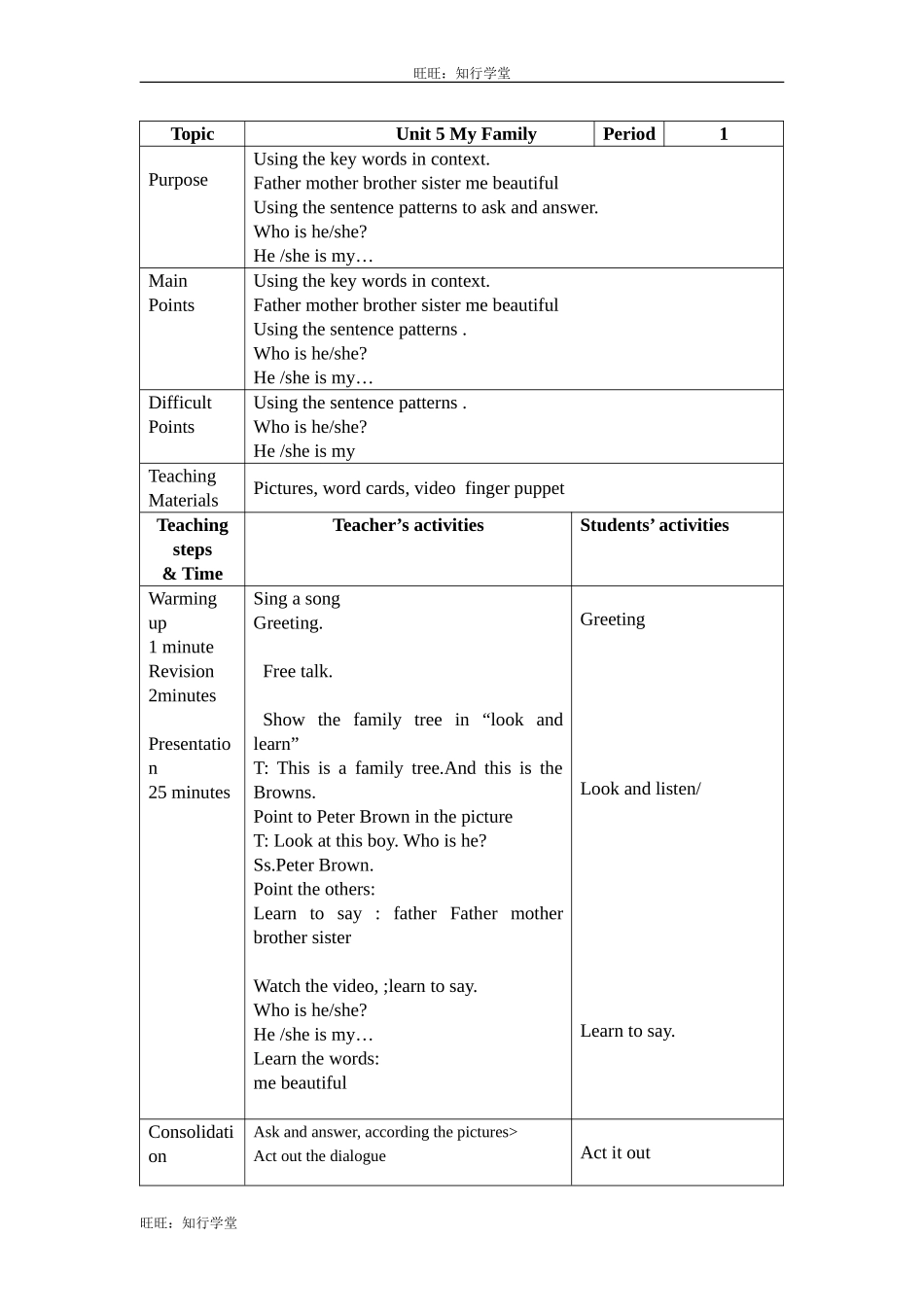 牛津上海版三上Unit 5《My family》（Period 1）word教案[旺旺：知行学堂].doc_第1页