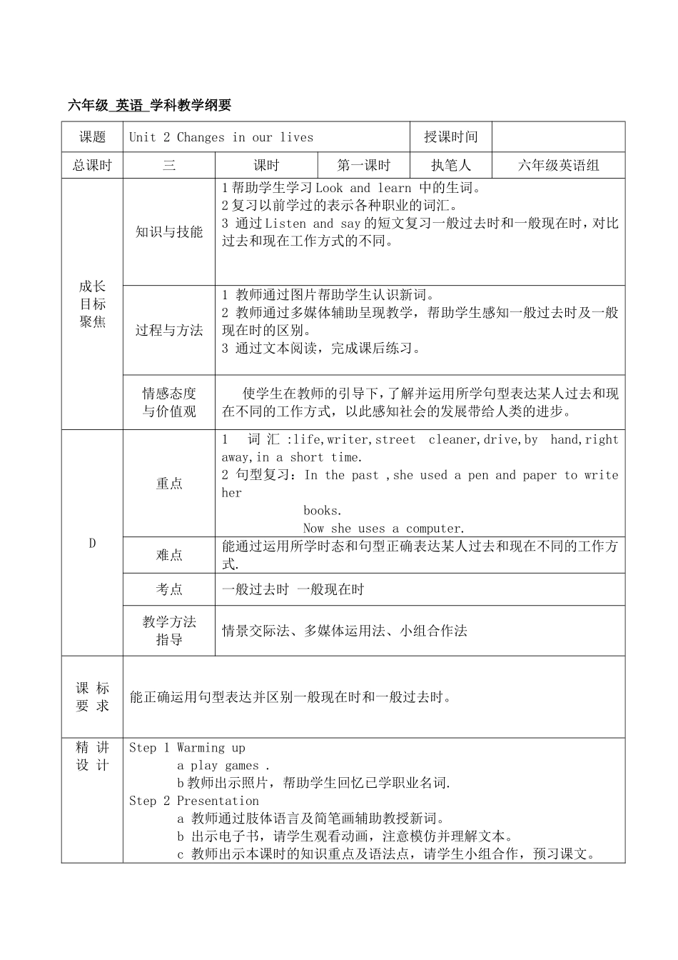 【沪教牛津版（三起）】六年级下册英语教案 unit 2 Changes in our lives.doc_第1页