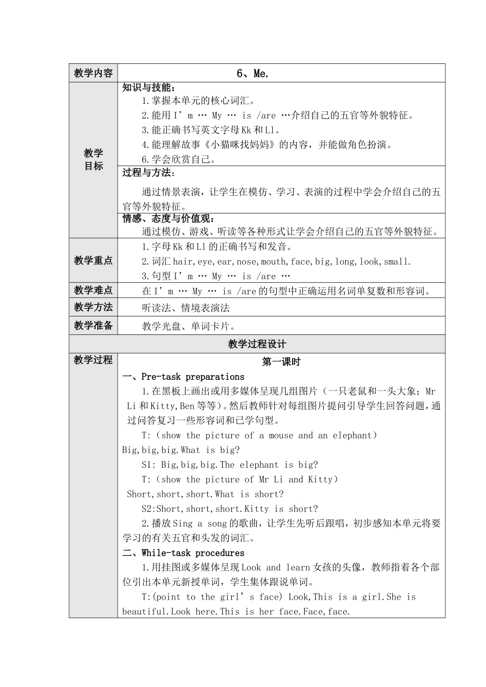 【沪教牛津版（三起）】三年级上册英语教案 Unit-6-Me.doc_第1页