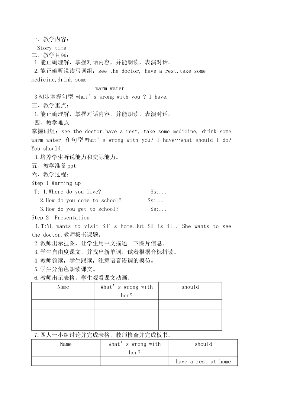 牛津译林版小学英语五下《Unit 4 Seeing the doctor》word教案.doc_第2页