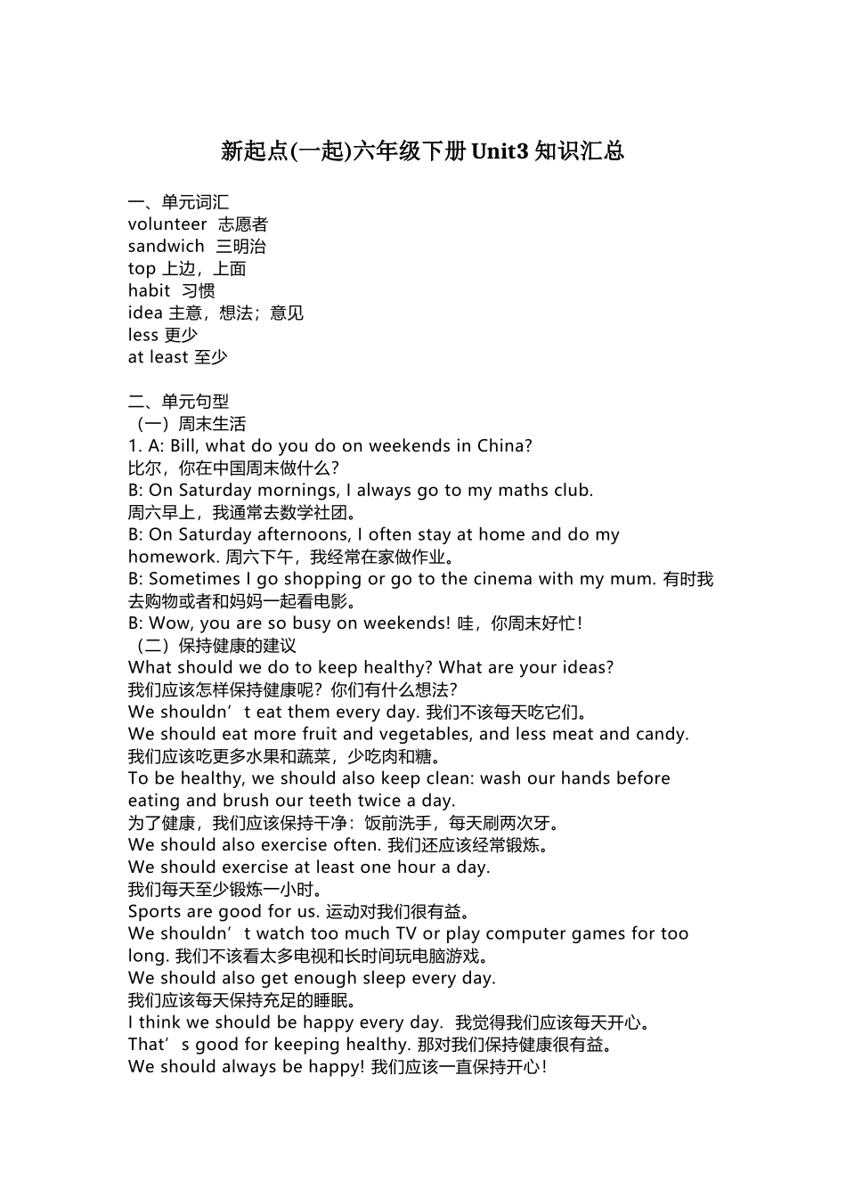人教新起点英语六年级下册Unit3知识点汇总.docx_第1页