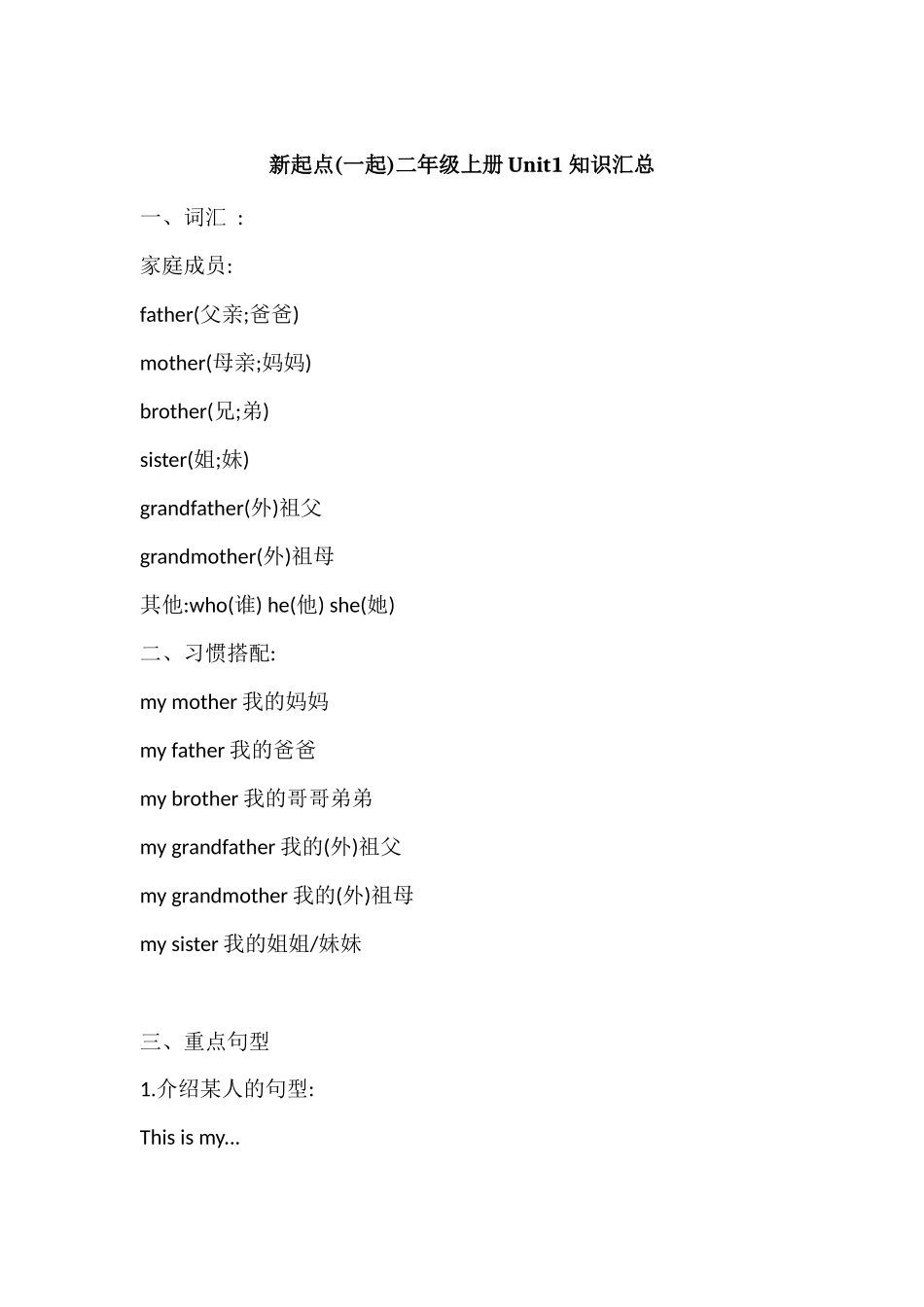 人教新起点英语二年级上册Unit1知识点汇总.docx_第1页