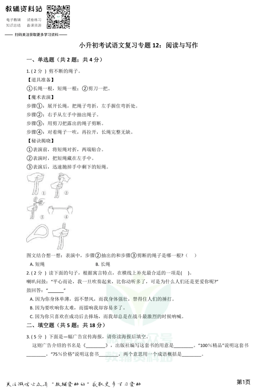 小升初语文复习专题12：阅读与写作.pdf_第1页