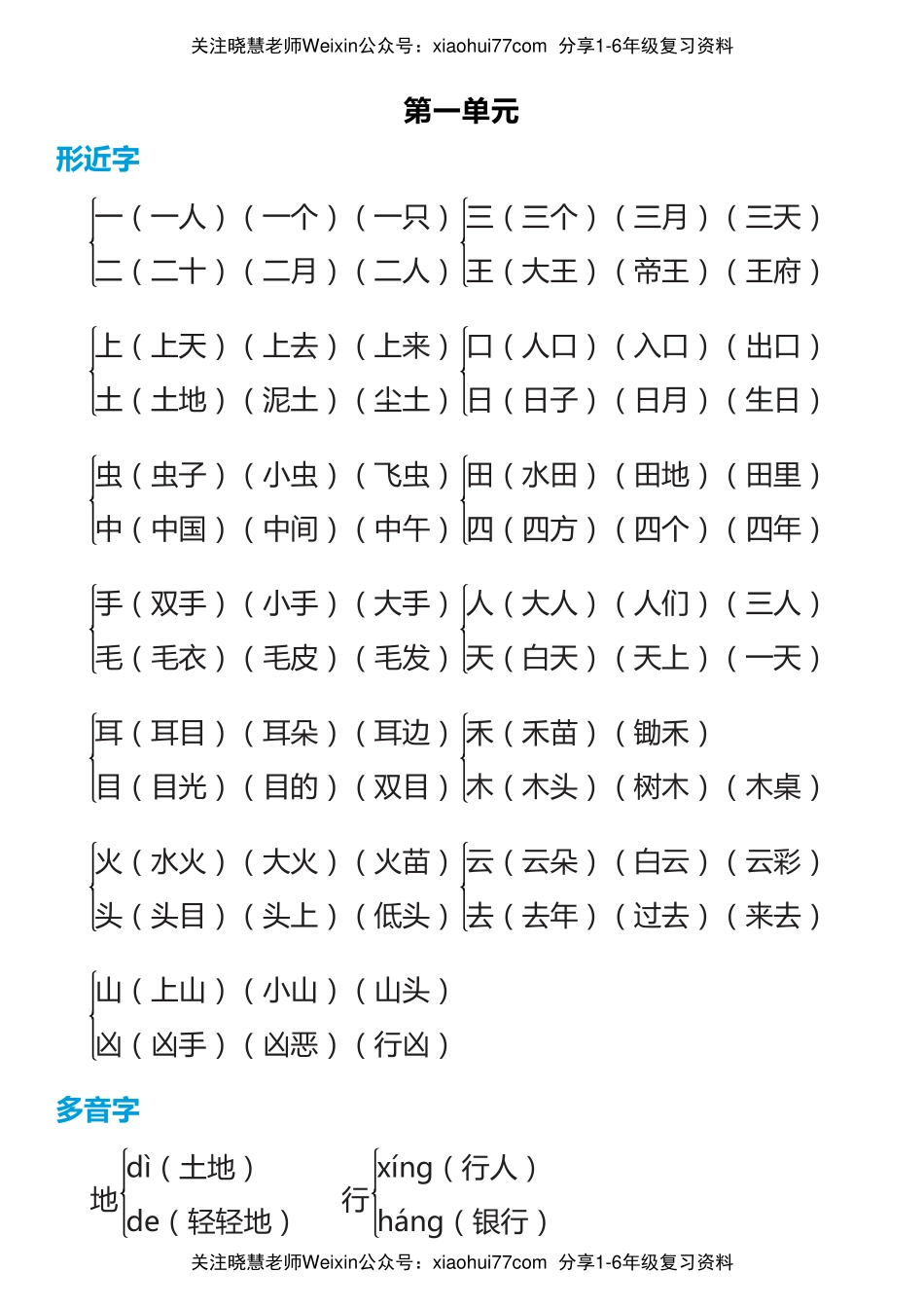 部编一年级语文上册各单元生字【多音字+形近字】.pdf_第1页