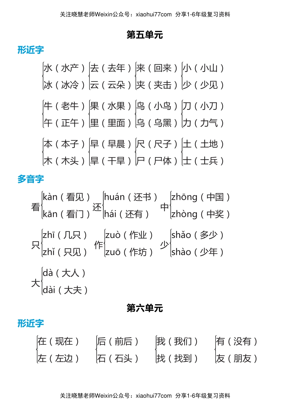 部编一年级语文上册各单元生字【多音字+形近字】.pdf_第3页