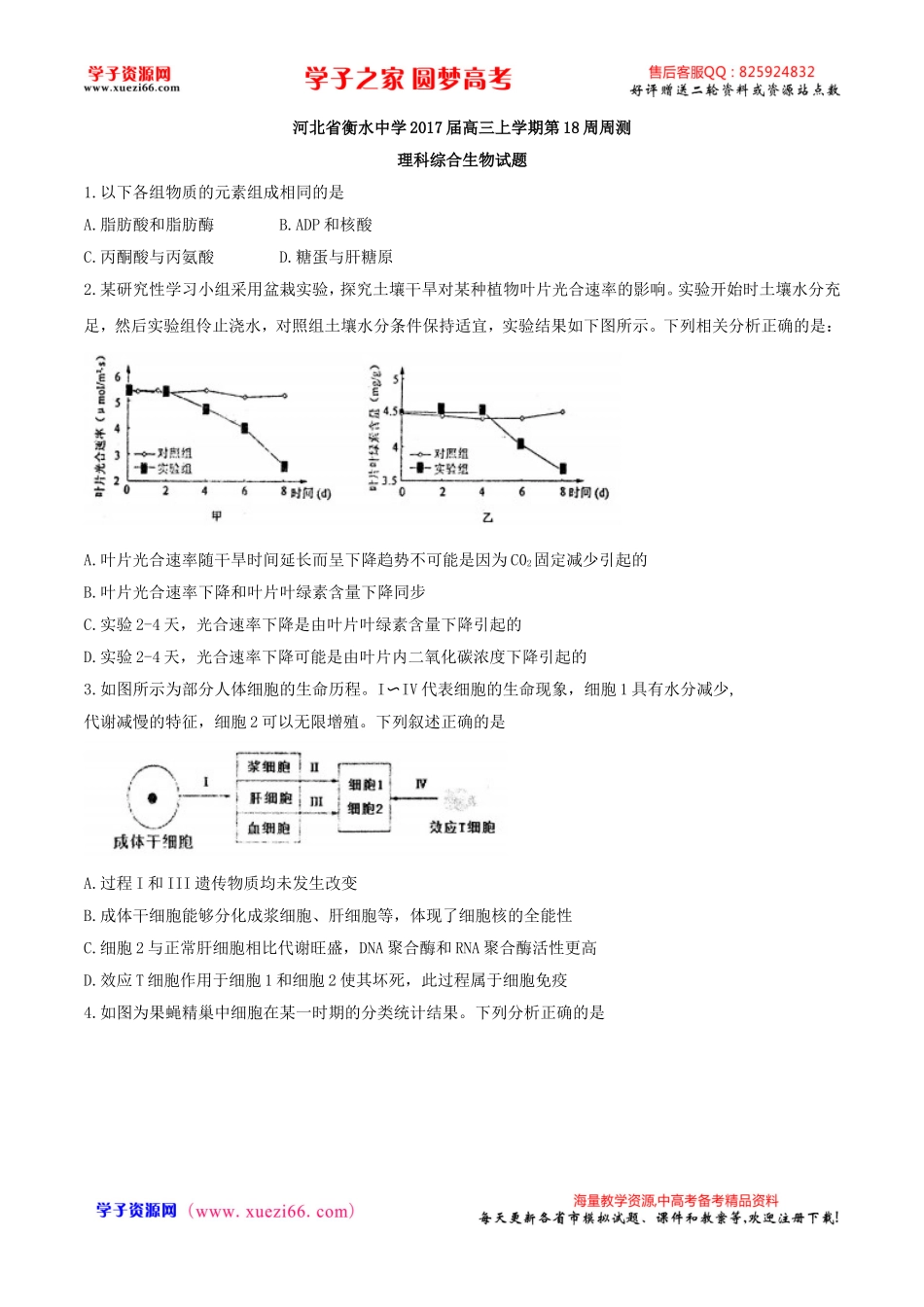 【全国百强校word】河北省衡水中学2017届高三上学期第18周周测理科综合生物试题.doc_第1页